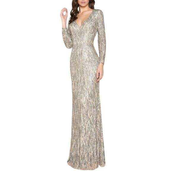 Mac Duggal 4578 V-Neck Long Sleeve Sequin Gown 4 in Vintage Taupe